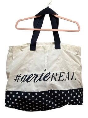 Aerie #AerieREAL Large Canvas Tote Bag Polka Dot Bottom Cream Navy NWT
